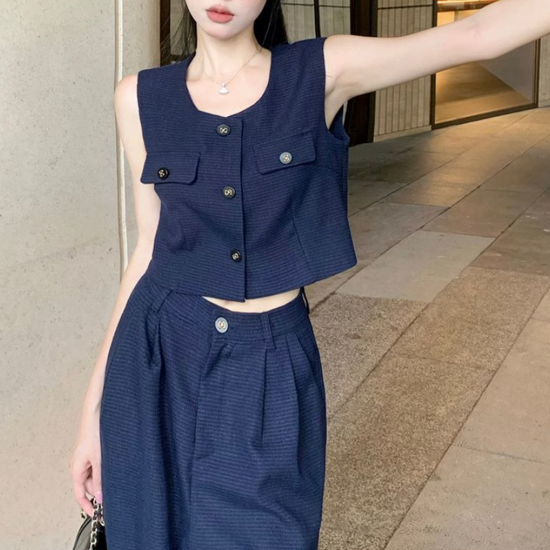 韓系兩件式套裝 無袖背心上衣＋寬褲 垂墜感 寬鬆顯瘦 外穿有型