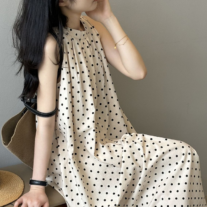 夏季波點棉麻連身裙 慵懶渡假茶歇法式吊帶裙A字裙無袖長洋