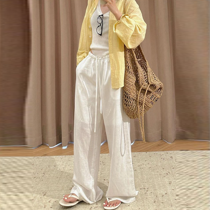 藏青亞麻混紡涼感寬褲 夏季高腰 垂墜感 直筒寬鬆 顯瘦長褲