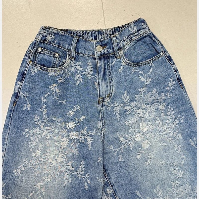 提花牛仔八分寬褲 復古寬鬆直筒 大尺碼友善 梨形身形推薦