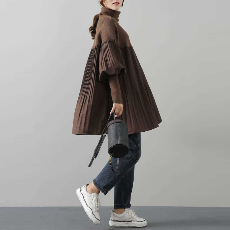 高領針織拼接百褶上衣 寬鬆剪裁 素色氣質 秋冬百搭