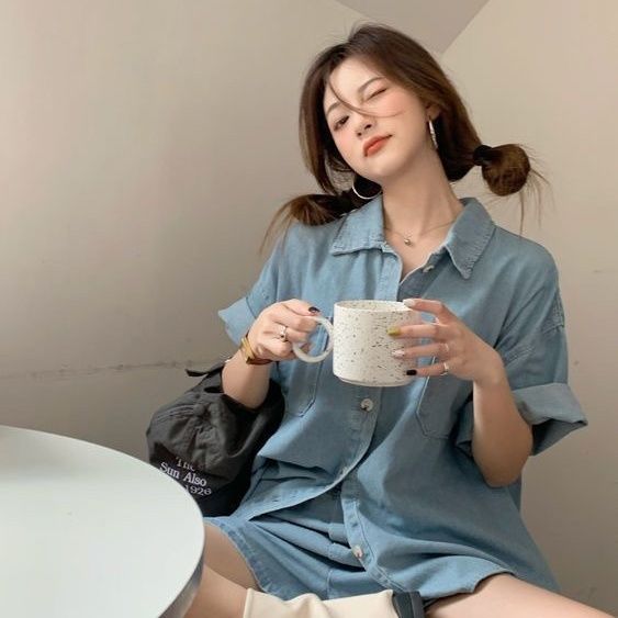 港風復古胖MM休閒短袖襯衫套裝 寬鬆丹寧風短褲套裝 薄款仿牛仔材質