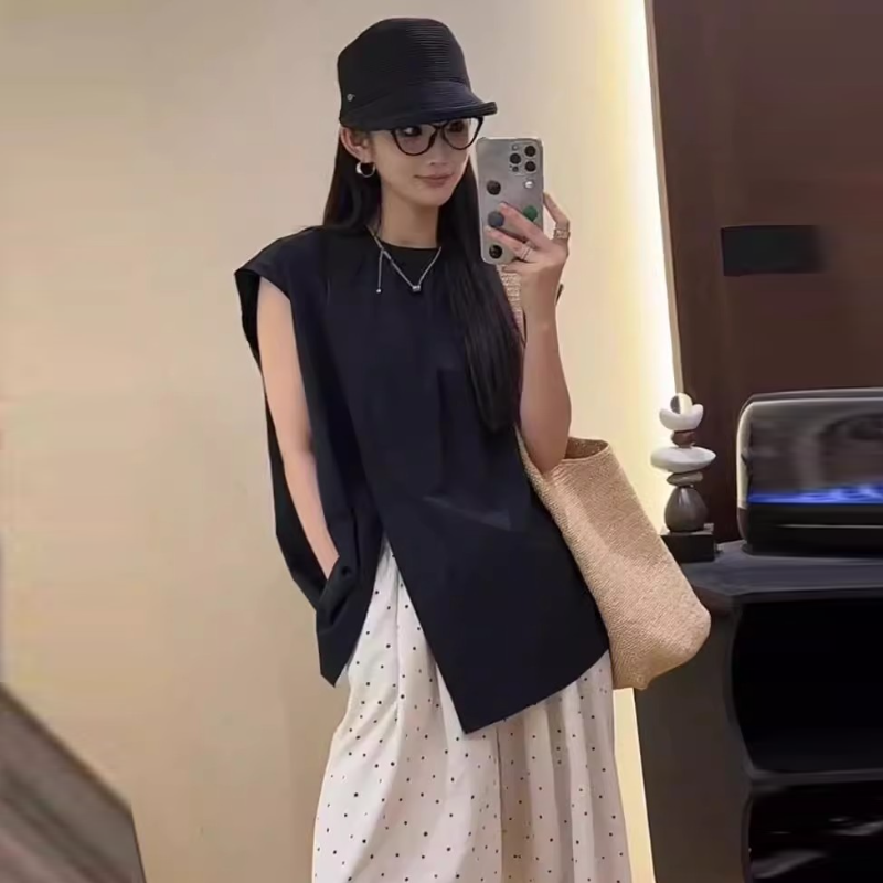 不規則側開高衩飛袖襯衫 夏季寬鬆設計感休閒氣質上衣