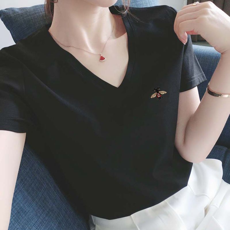 S-4XL/ 棉質 正肩短袖T恤 韓國顯瘦剪裁 V領微甜心機