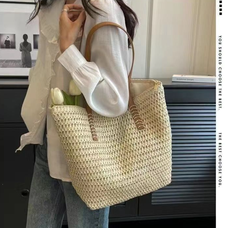 自然編織草編托特包 大容量海邊度假肩背包