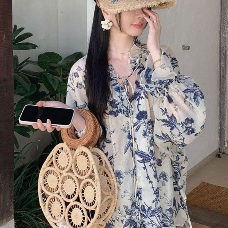 水墨花卉襯衫 輕薄防曬設計 寬鬆飄逸 文青氣質款