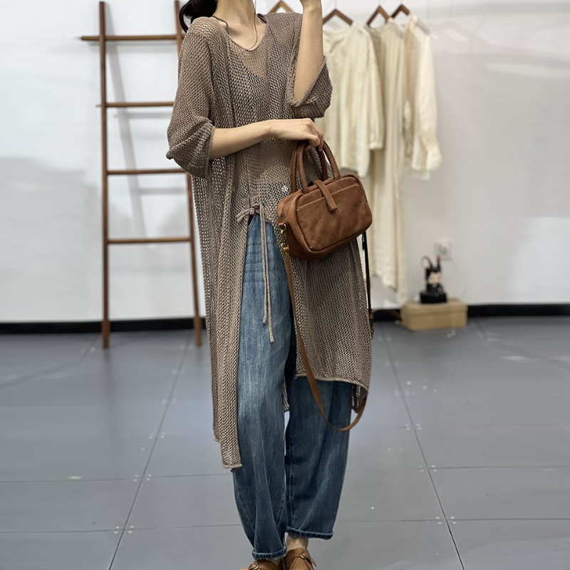 春夏鏤空針織裙罩衫 文青風中長版連身裙 慵懶休閒感穿搭