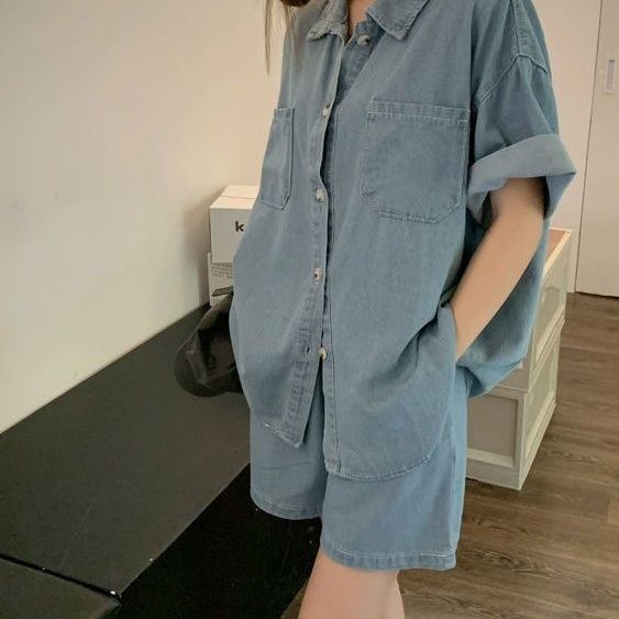 港風復古胖MM休閒短袖襯衫套裝 寬鬆丹寧風短褲套裝 薄款仿牛仔材質