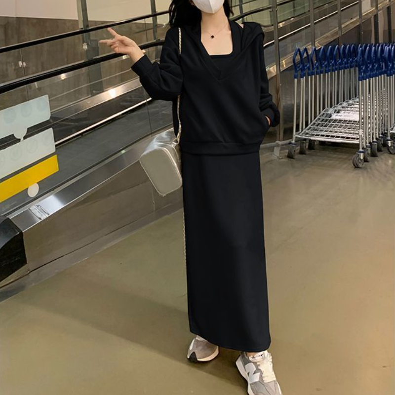 香草味的風 韓版連帽大學TEE套裝 性感吊帶連身裙兩件套