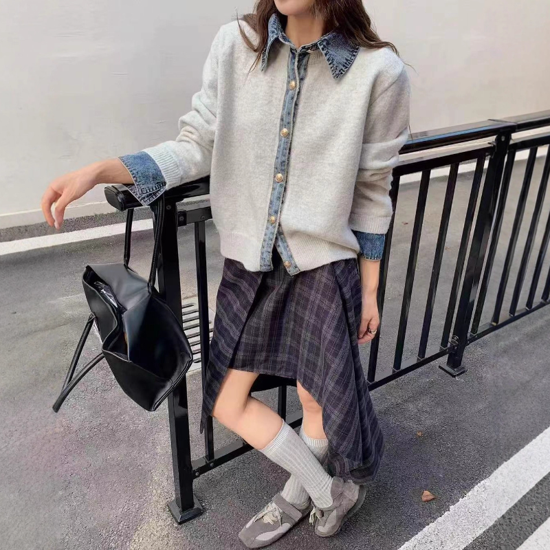 韓系牛仔拼接針織外套 厚磅質感 層次襯領設計