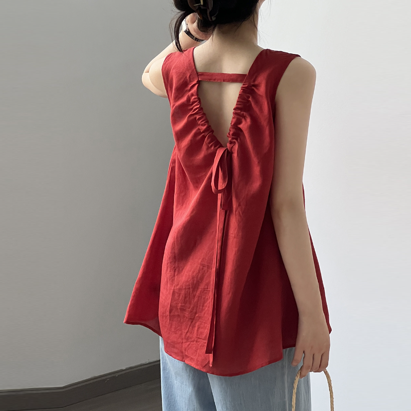 韓系後背綁帶V領無袖上衣  露背設計 輕熟法式感
