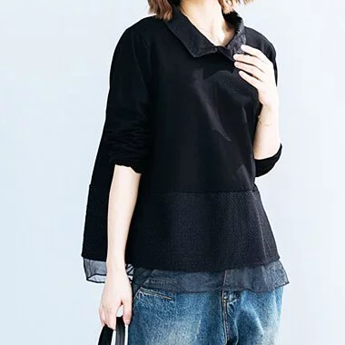 簡約．拼接蕾絲長袖上衣 寬鬆套頭襯衫