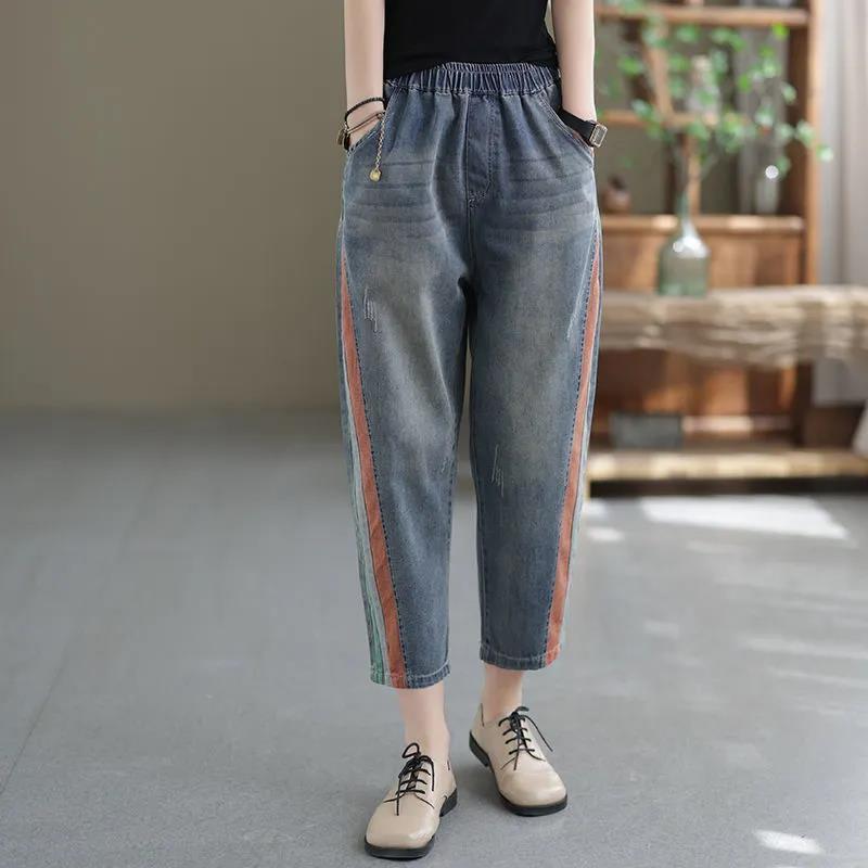 牛仔拼接撞色九分褲 寬鬆好搭 鬆緊腰哈倫版