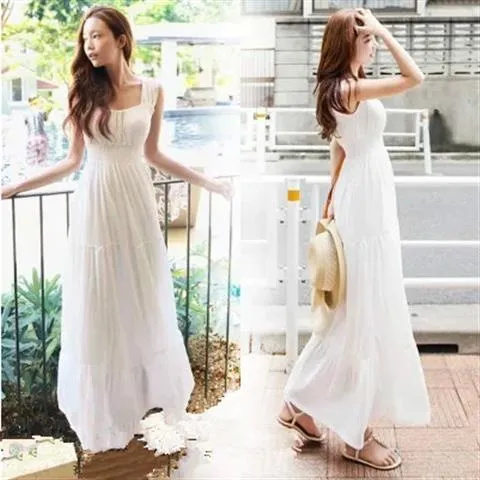 高腰吊帶雪紡拼接純色洋裝