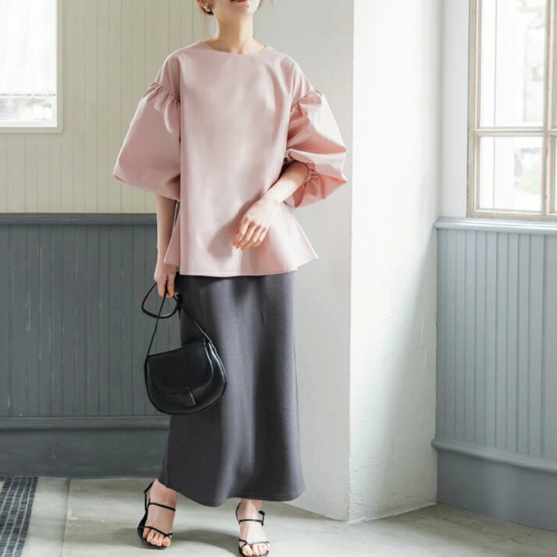 樂天新款 日韓寬鬆大版棉質襯衫 超大燈籠袖圓領五分袖上衣