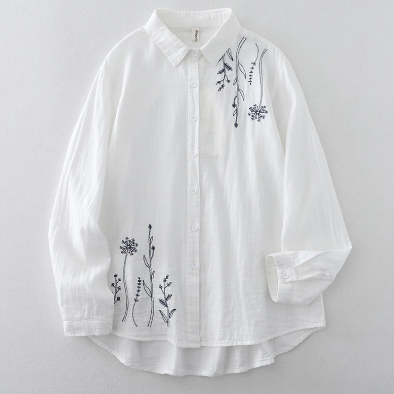 多層次外罩襯衫 微光澤棉麻刺繡上衣 熟齡顯瘦藏肉神器 獨家版型 抗皺透氣閨蜜親子裝穿搭