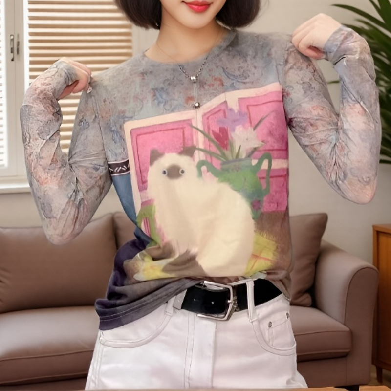 雙層網紗貓咪印花長袖上衣 輕薄透氣修飾身形款