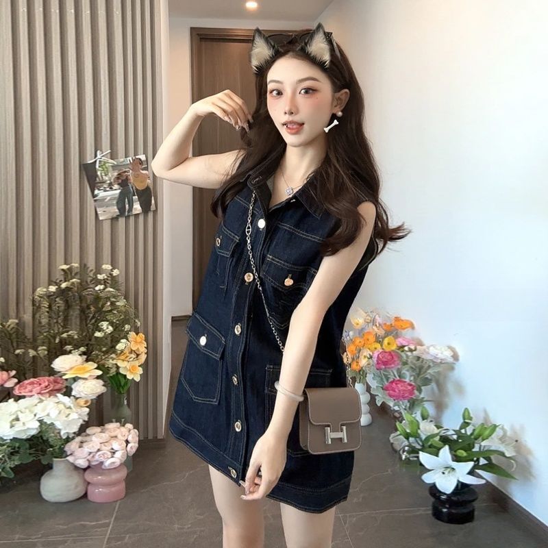 復古牛仔無袖背心洋裝 寬鬆直筒設計 韓系休閒款