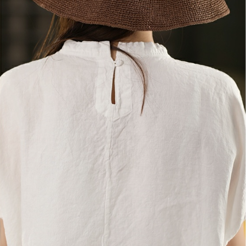 夏季亞麻短袖上衣 文青復古風寬鬆T恤襯衫 遮手臂顯瘦百搭款