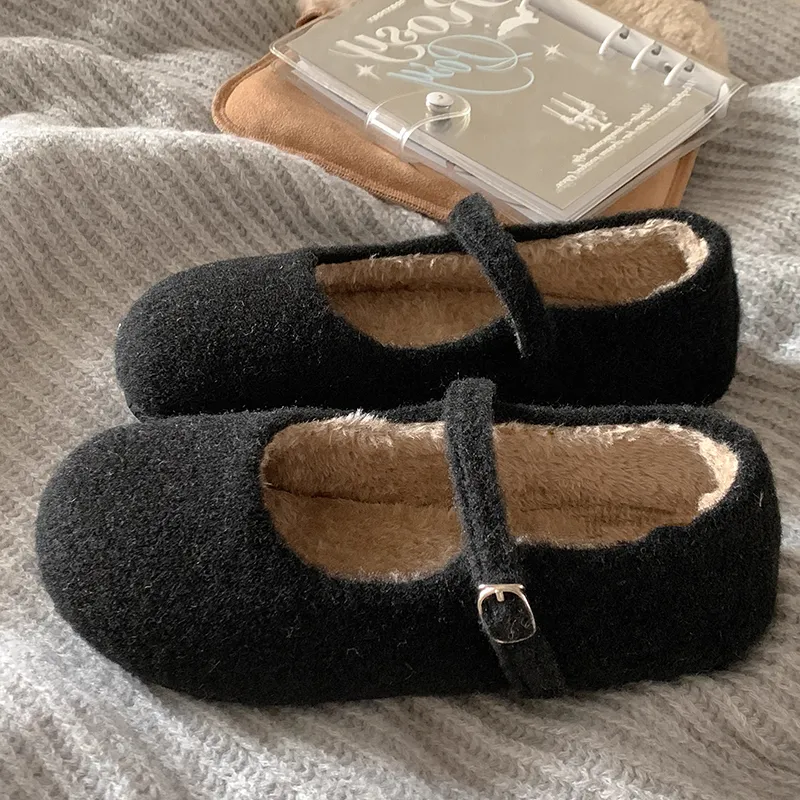 混色高級灰法式瑪麗珍毛毛鞋 內刷毛保暖 秋冬外穿平底鞋