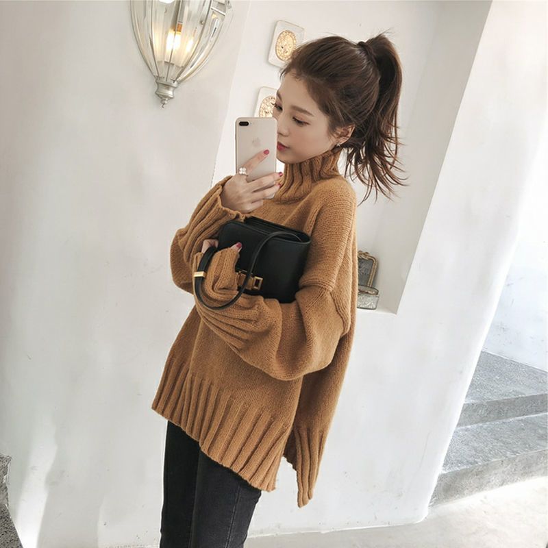 寬鬆高領針織毛衣 落肩版型 加長羅紋下擺與袖口