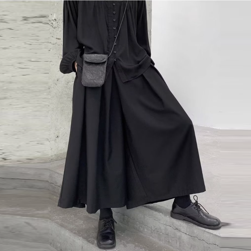 暗黑風寬鬆高腰裙褲-日系風九分寬版休閒褲