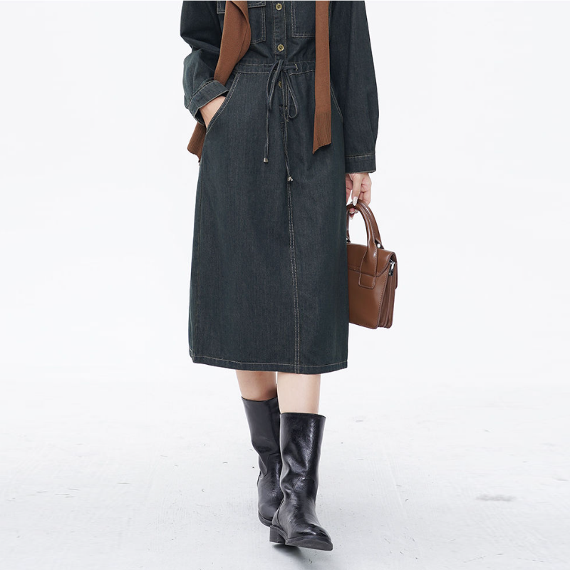 針織披肩牛仔連身裙 秋季新款顯瘦復古收腰系帶設計感撞色長洋 (附披肩)