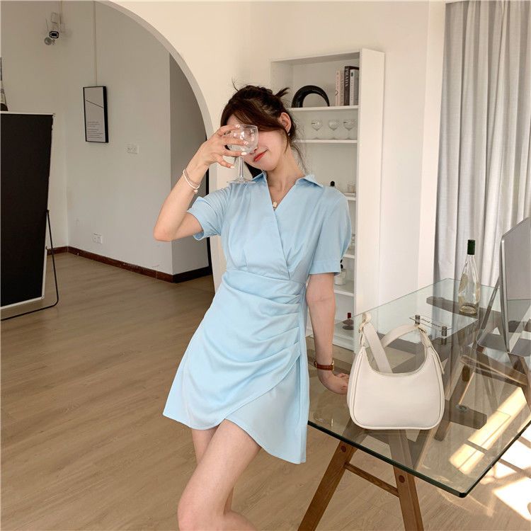 毆膩同款 韓國自訂 夏季設計感不規則褶皺開叉顯瘦襯衫洋裝