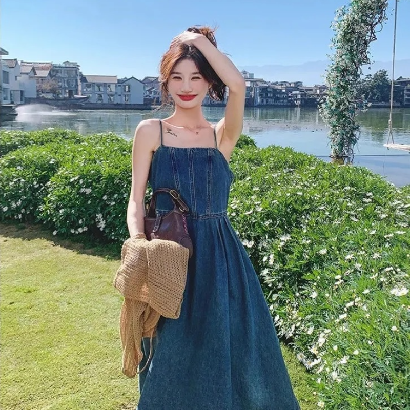 【單品可選】法式復古牛仔吊帶連身裙套裝 韓版針織罩衫+吊帶裙