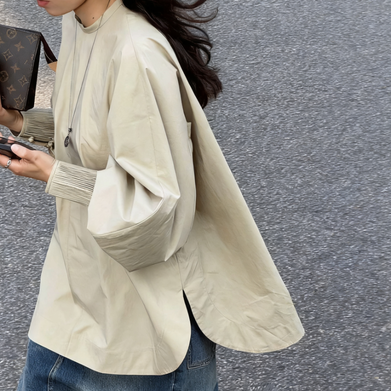 法式燈籠袖上衣 秋季新款 韓系寬鬆 插肩袖 套頭中長版 彈性縮口