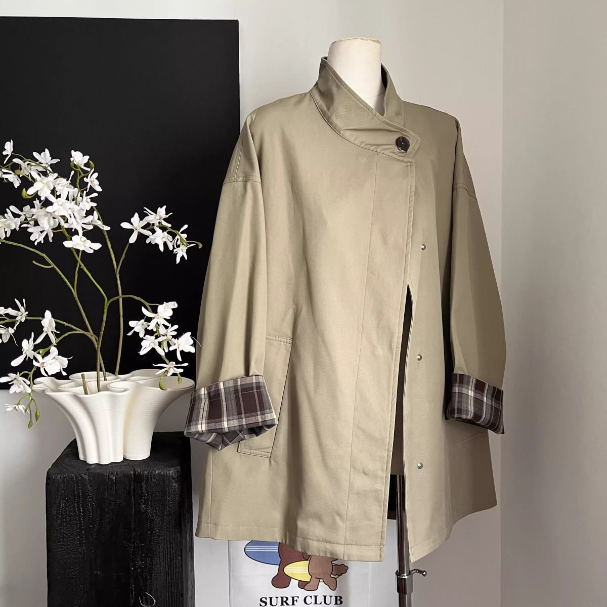 拼色英倫風長版風衣外套 寬版顯瘦 挺版設計 高級感經典款