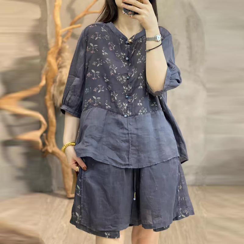 簡約 ‧ 文藝復古印花短袖上衣+短褲(兩件套) 透氣抽繩短褲套裝