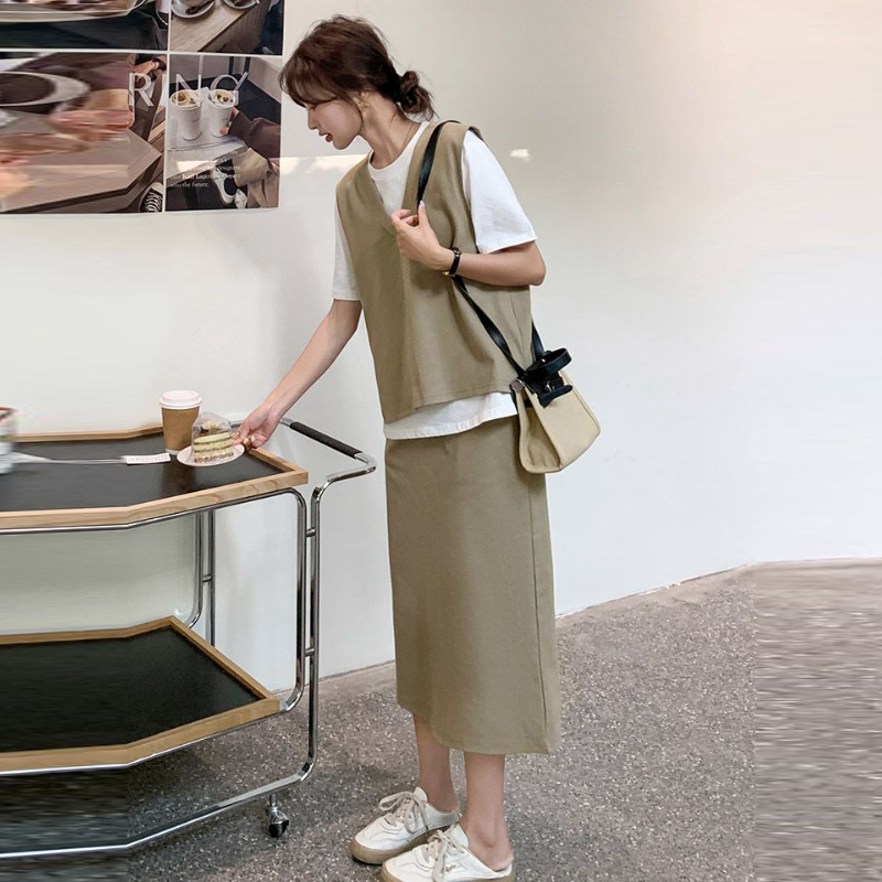 設計感兩件式套裝 V領拼接短袖T恤 配高腰中長裙 成套穿搭 顯瘦有型