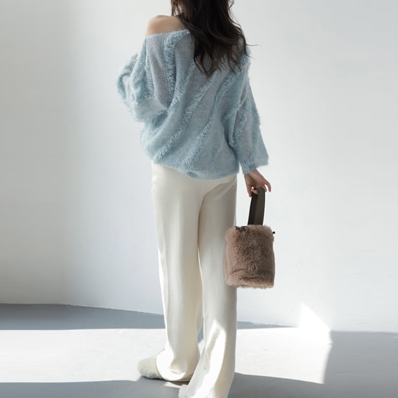 法式慵懶一字領馬海毛毛衣 秋冬外穿寬鬆針織上衣 柔軟蓬鬆