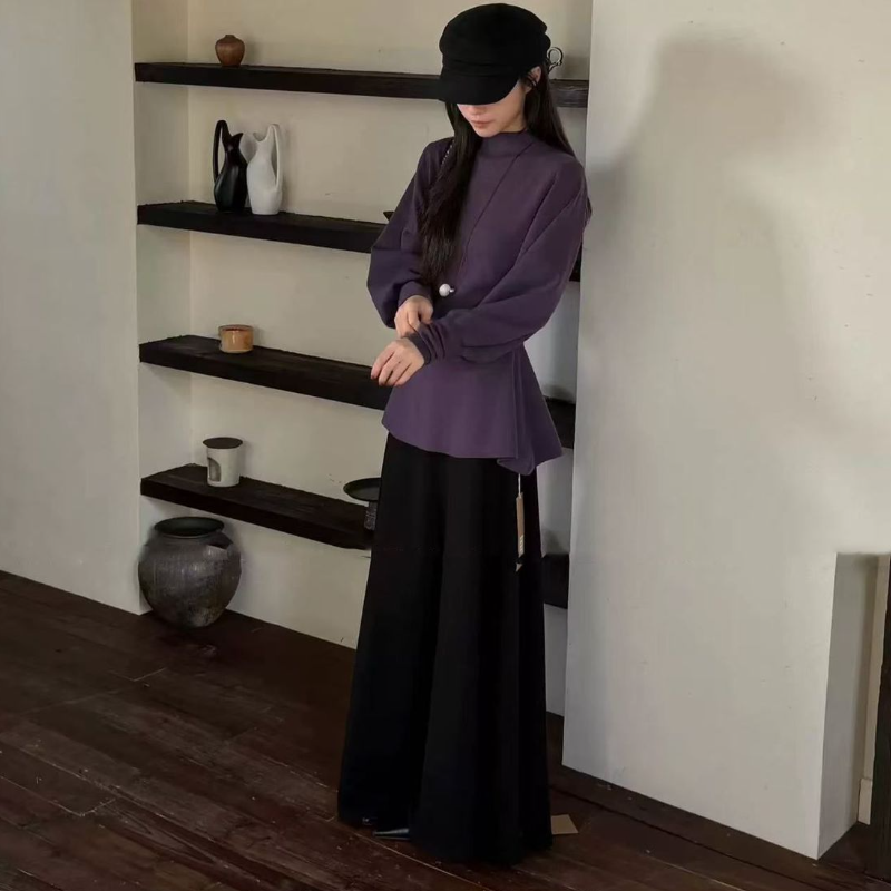 法式半高領荷葉擺針織上衣 燈籠袖 收腰版型 比例更好看