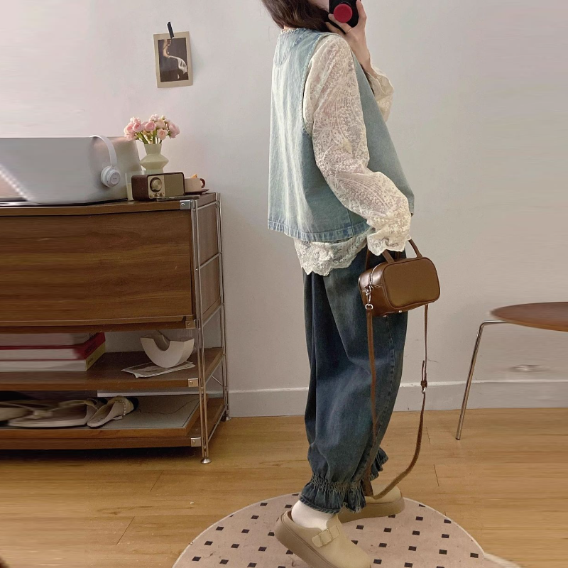 韓系復古三件式套裝 牛仔背心＋蕾絲襯衫＋寬鬆牛仔寬褲 成套穿搭 百搭有型