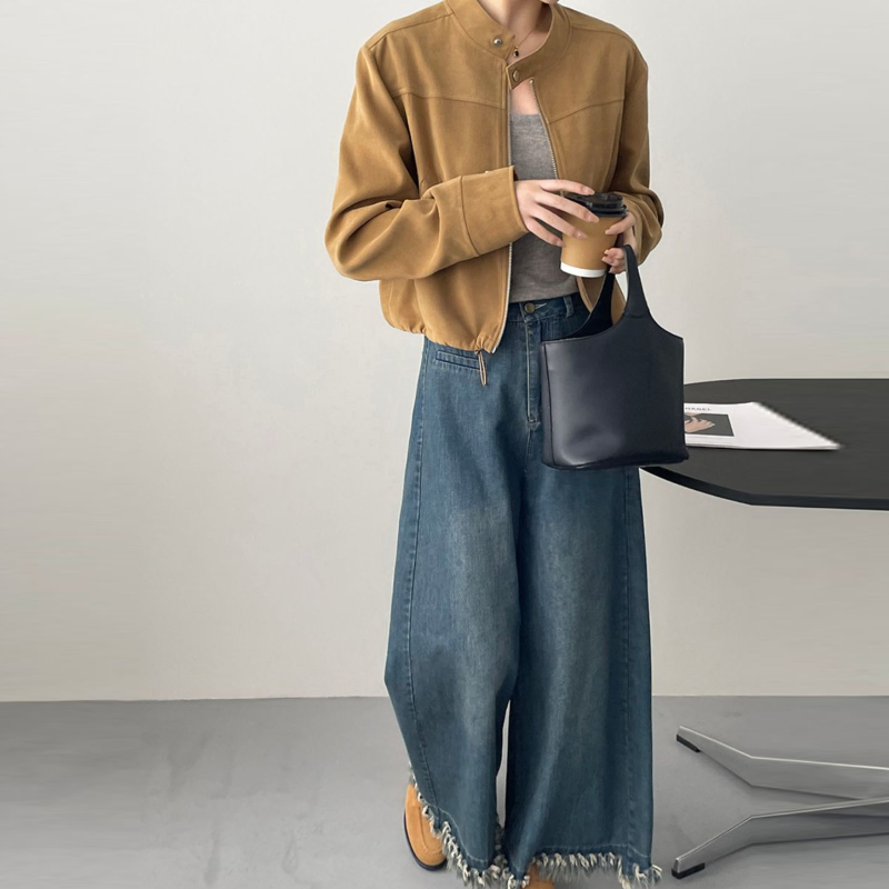 美式復古立領短版夾克 拉鍊門襟 釦帶設計 挺版有型外套