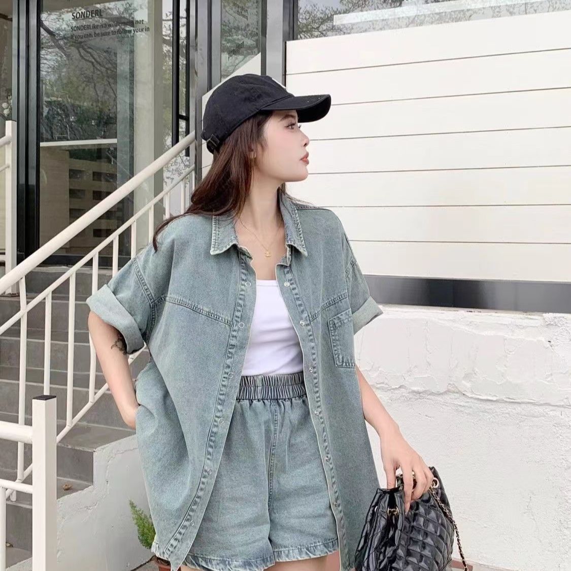 水洗彈力牛仔套裝 復古風可拆式牛仔兩件套 休閒短袖襯衫+寬鬆短褲