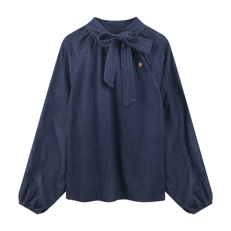 牛仔系帶蝴蝶結襯衫 燈籠袖設計 百搭丹寧上衣