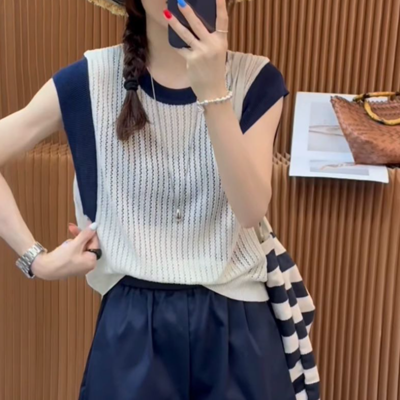 夏季冰涼針織鏤空上衣 條紋圓領小飛袖T恤 寬鬆百搭款