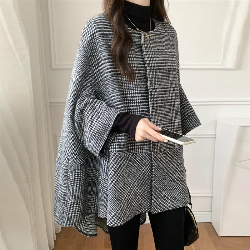 中長版圓領格紋披風外套 秋冬韓系時尚大衣*7色