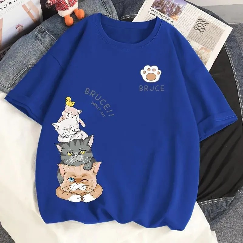 純棉萌貓印花短袖上衣-夏季寬鬆好搭 輕鬆休閒風