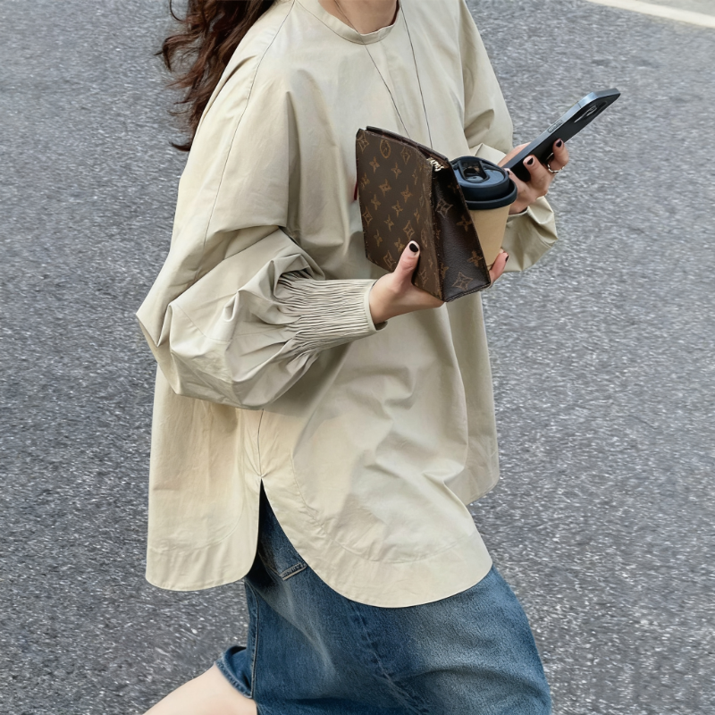 法式燈籠袖上衣 秋季新款 韓系寬鬆 插肩袖 套頭中長版 彈性縮口