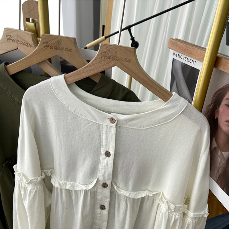 純棉燈籠袖襯衫 圓領排釦 荷葉邊拼接 寬鬆復古感