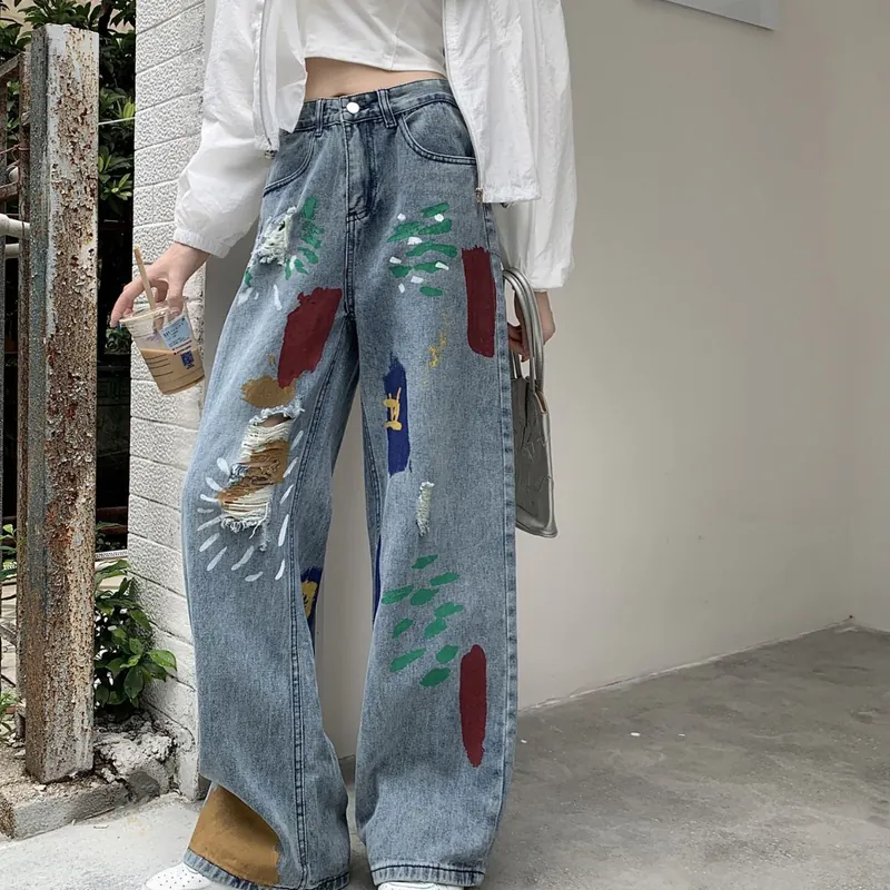韓系 ‧ 彩色塗鴉牛仔長褲(中性風格男女可穿) 寬鬆破洞牛仔褲 高腰設計直筒寬褲