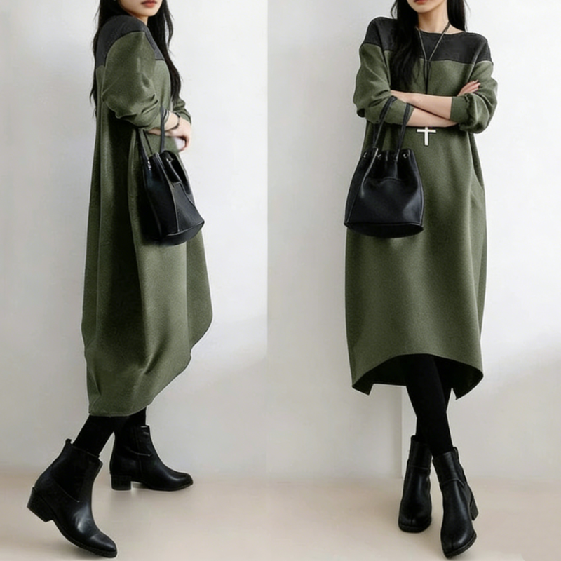 撞色拼接長版洋裝 寬鬆剪裁 圓領設計 秋冬耐看百搭