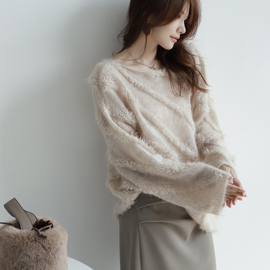 法式慵懶一字領馬海毛毛衣 秋冬外穿寬鬆針織上衣 柔軟蓬鬆