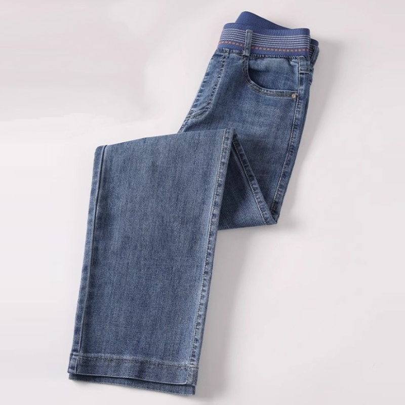 日系高腰牛仔褲 鬆緊腰設計 寬版直筒修飾腿型 顯瘦款