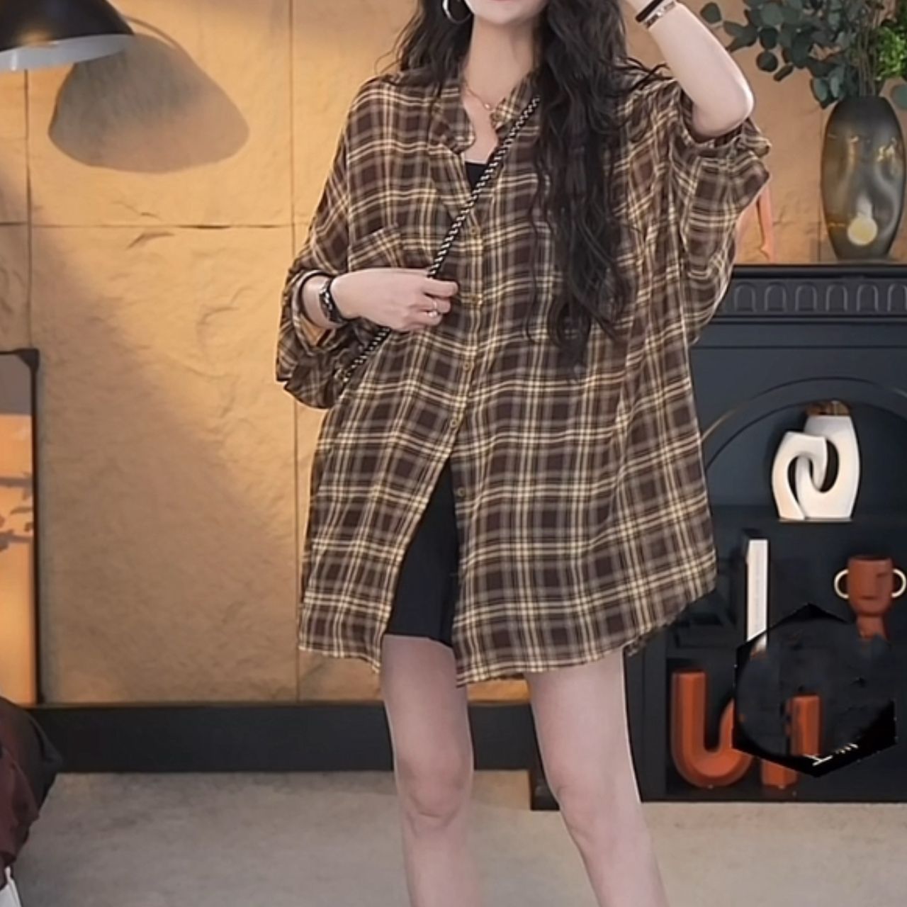 復古格紋寬鬆防曬襯衫外套 七分袖長版休閒款