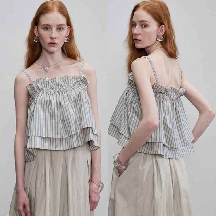 小眾度假風荷葉邊吊帶背心 不對稱開衩半身裙 棉感花苞設計 郁金香大擺中長裙